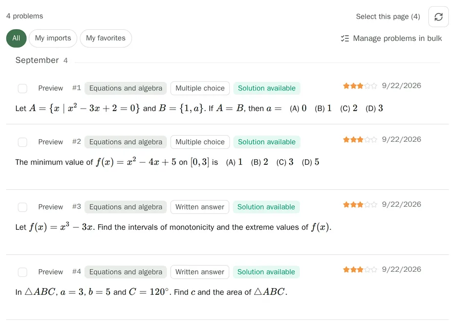 Problem bank: problems filtered by type and topic, with formulas typeset as written