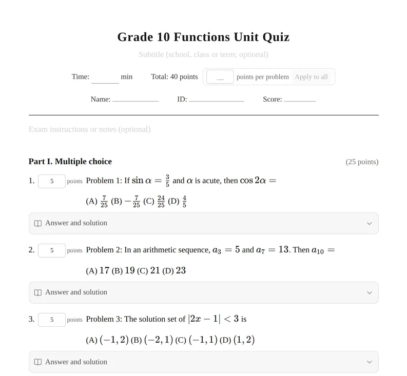Paper builder showing a Grade 10 functions quiz