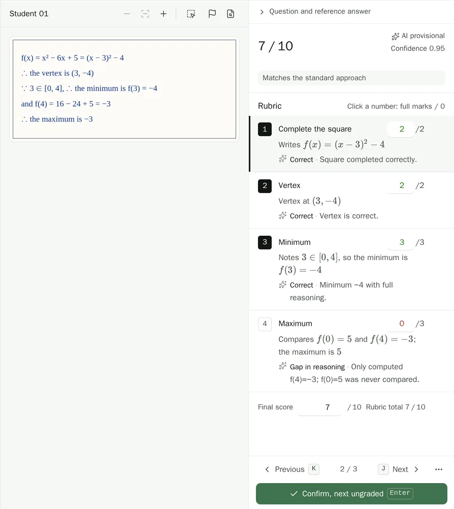 Grading view with a student's answer and a point-by-point rubric