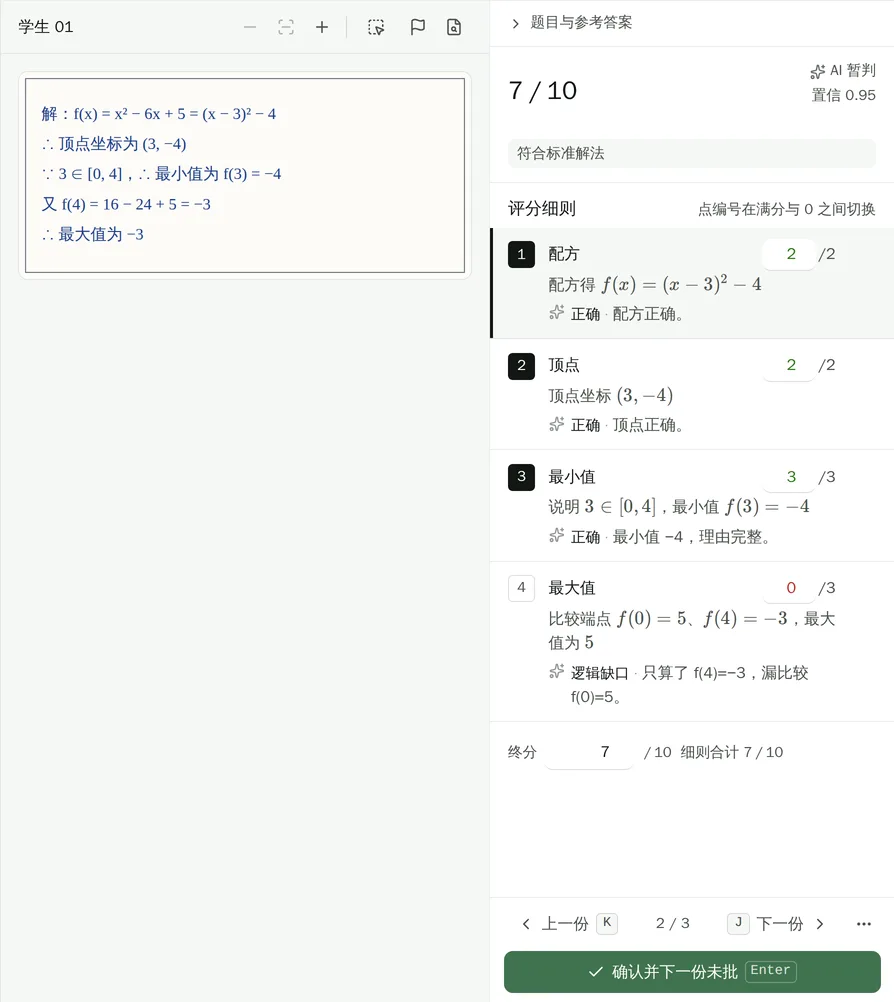改卷界面：学生作答与逐点评分细则