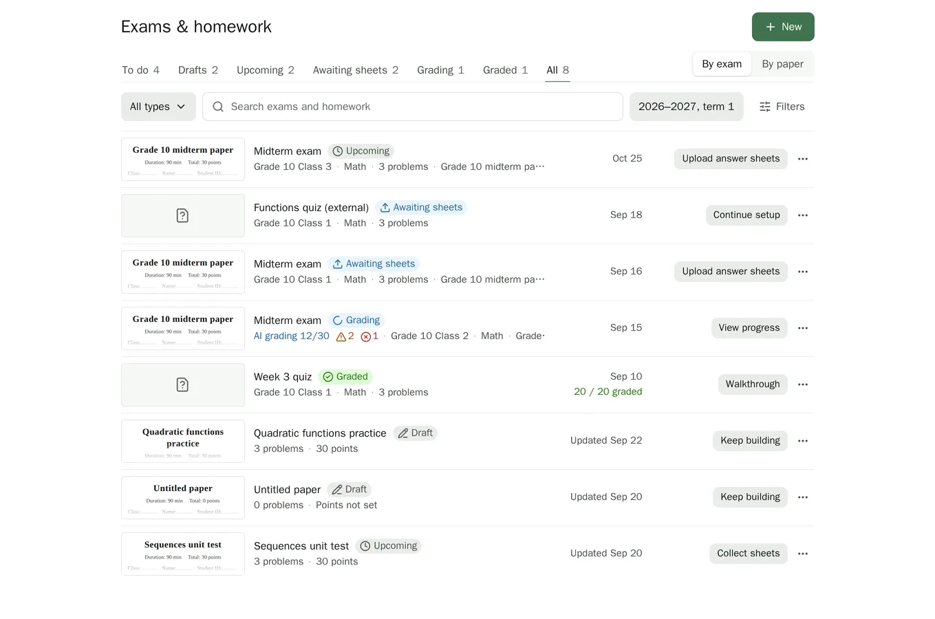 Exam hub with sessions and collection progress