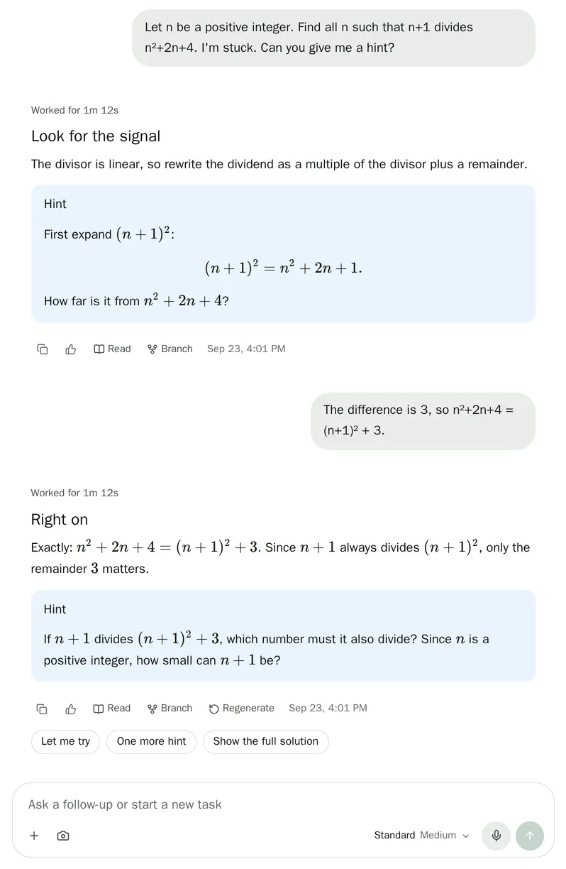 Tutoring chat with step-by-step hints